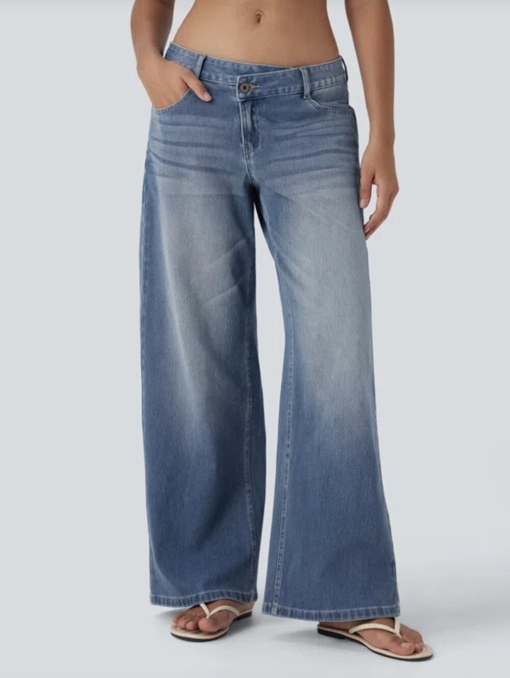Halara Flex Asymmetric Low Rise Zipper Pockets Baggy Wide Leg Washed Casual Jean